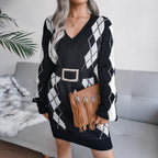 Nelara | Printed V-Neck Knit Sweater Dress