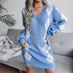 Nelara | Printed V-Neck Knit Sweater Dress