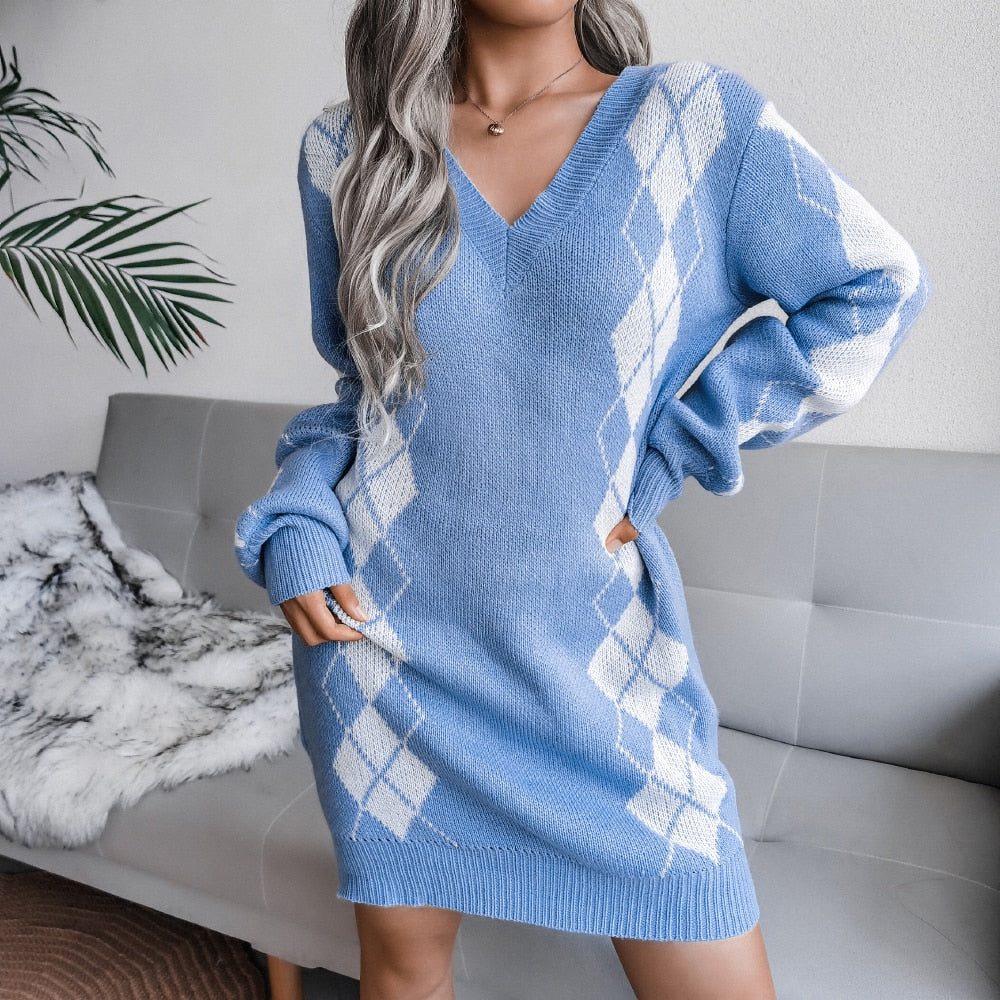 Nelara | Printed V-Neck Knit Sweater Dress