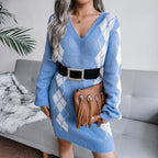 Nelara | Printed V-Neck Knit Sweater Dress