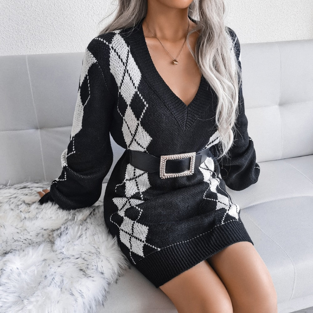 Nelara | Printed V-Neck Knit Sweater Dress