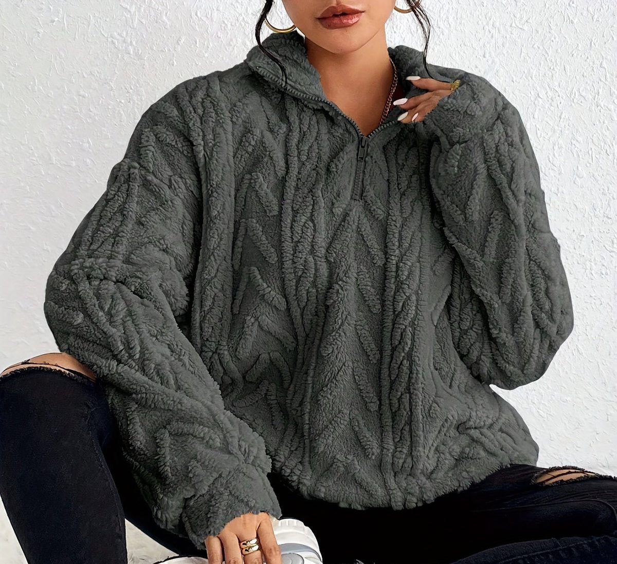 Nelelle | Textured Half-Zip Hooded Sweater