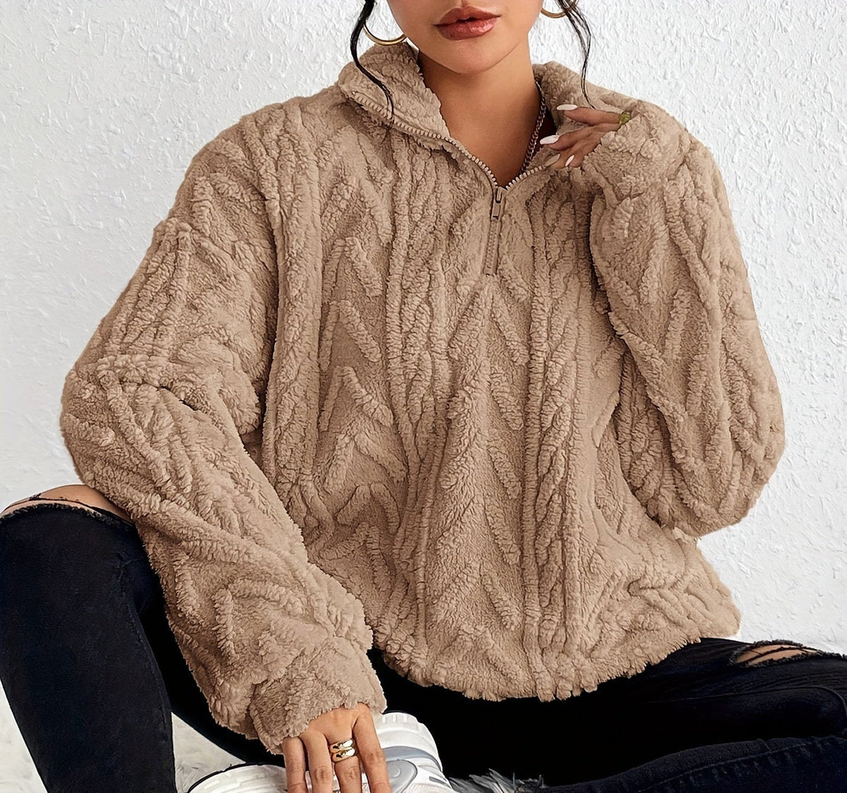 Nelelle | Textured Half-Zip Hooded Sweater