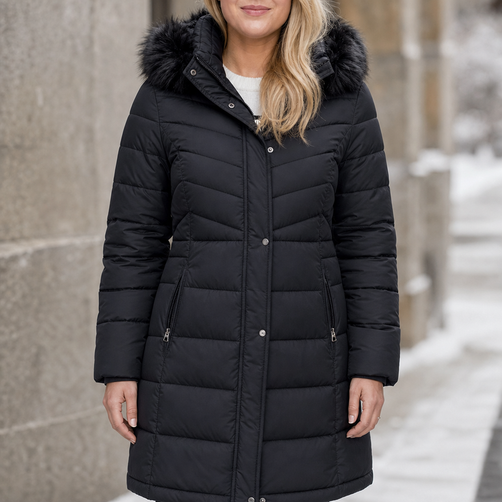 Nelisse | Longline Puffer Coat with Fur Trim Hood