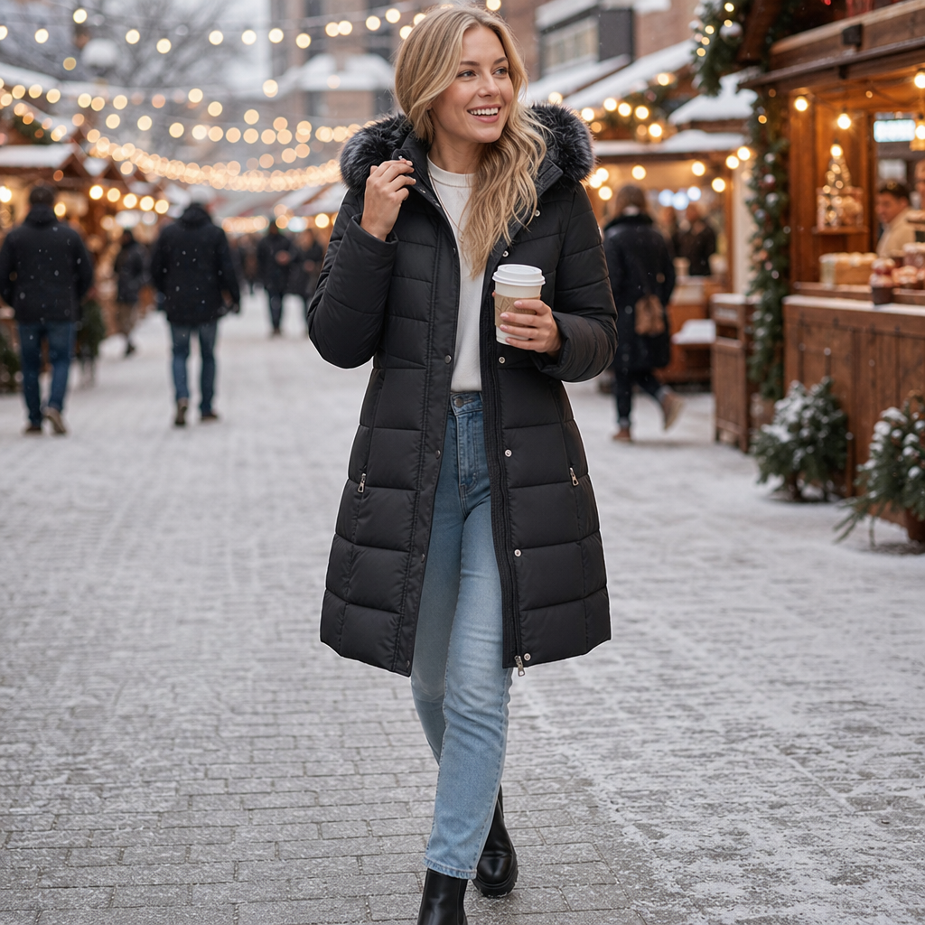 Nelisse | Longline Puffer Coat with Fur Trim Hood