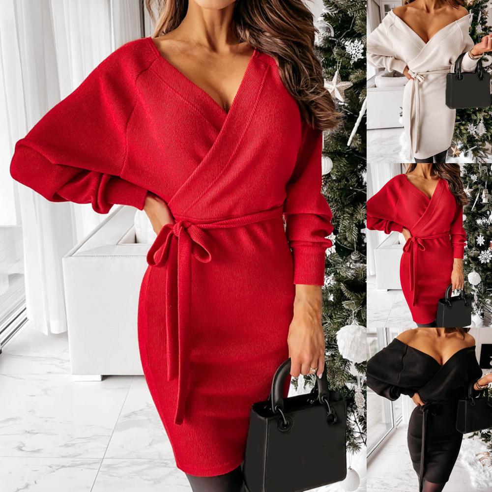 Norina | Belted Wrap Knit Sweater Dress