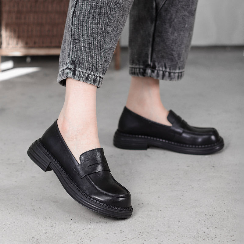 Ophelle | Round-Toe Leather Loafers with Block Sole