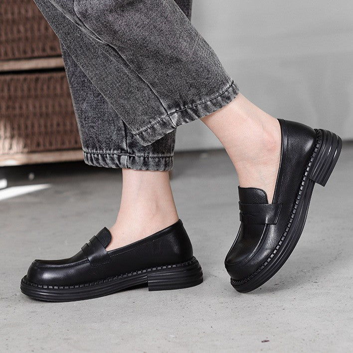 Ophelle | Round-Toe Leather Loafers with Block Sole
