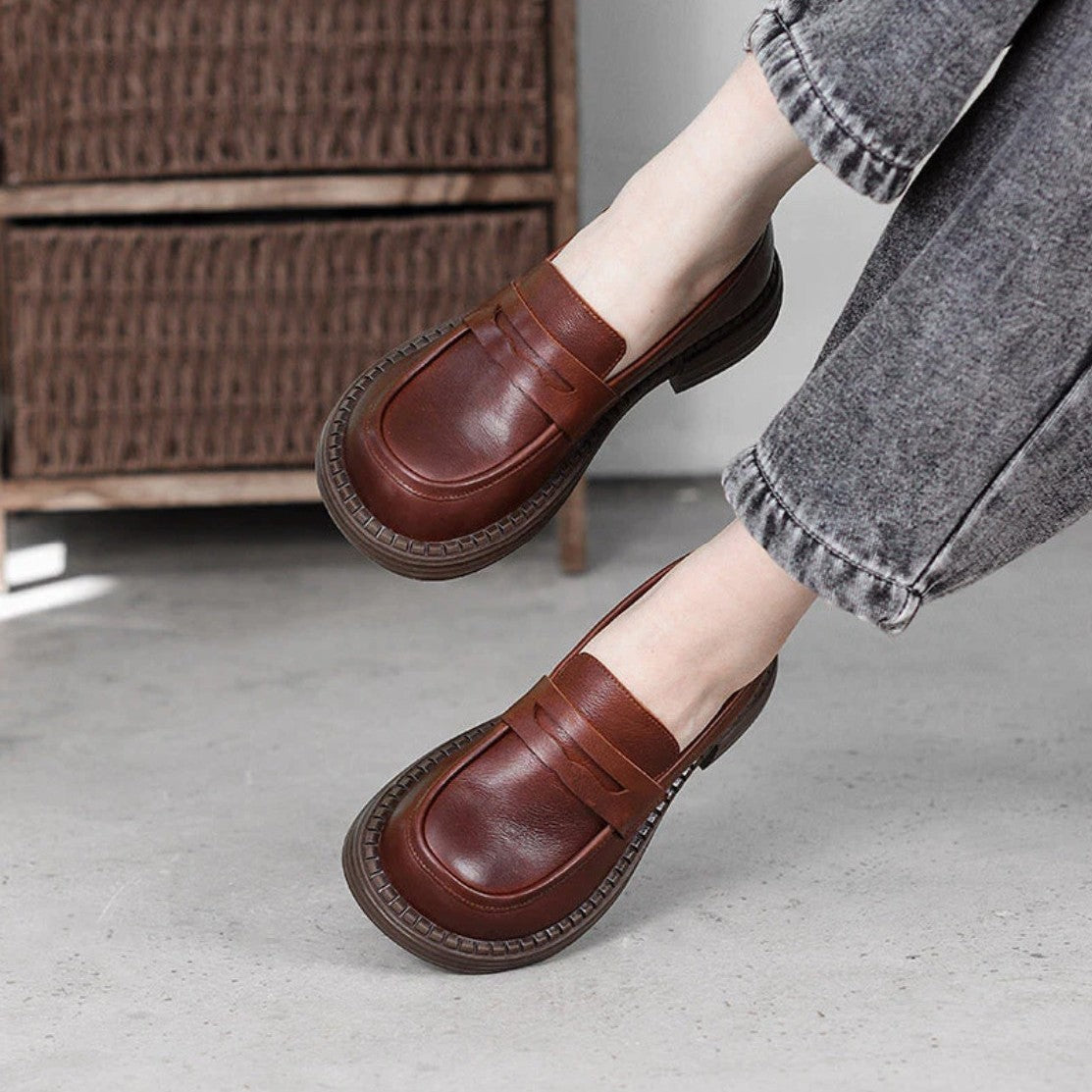 Ophelle | Round-Toe Leather Loafers with Block Sole