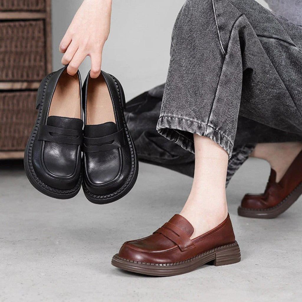 Ophelle | Round-Toe Leather Loafers with Block Sole