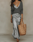 Paeine | Satin Midi Dress and Knit Sweater Set