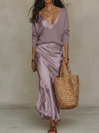 Paeine | Satin Midi Dress and Knit Sweater Set