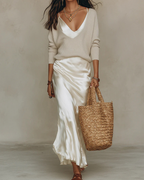 Paeine | Satin Midi Dress and Knit Sweater Set