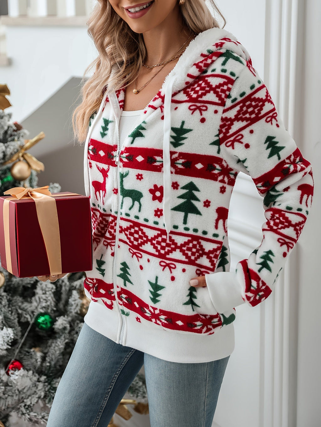 Penanne | Hooded Zip Christmas Cardigan Plush