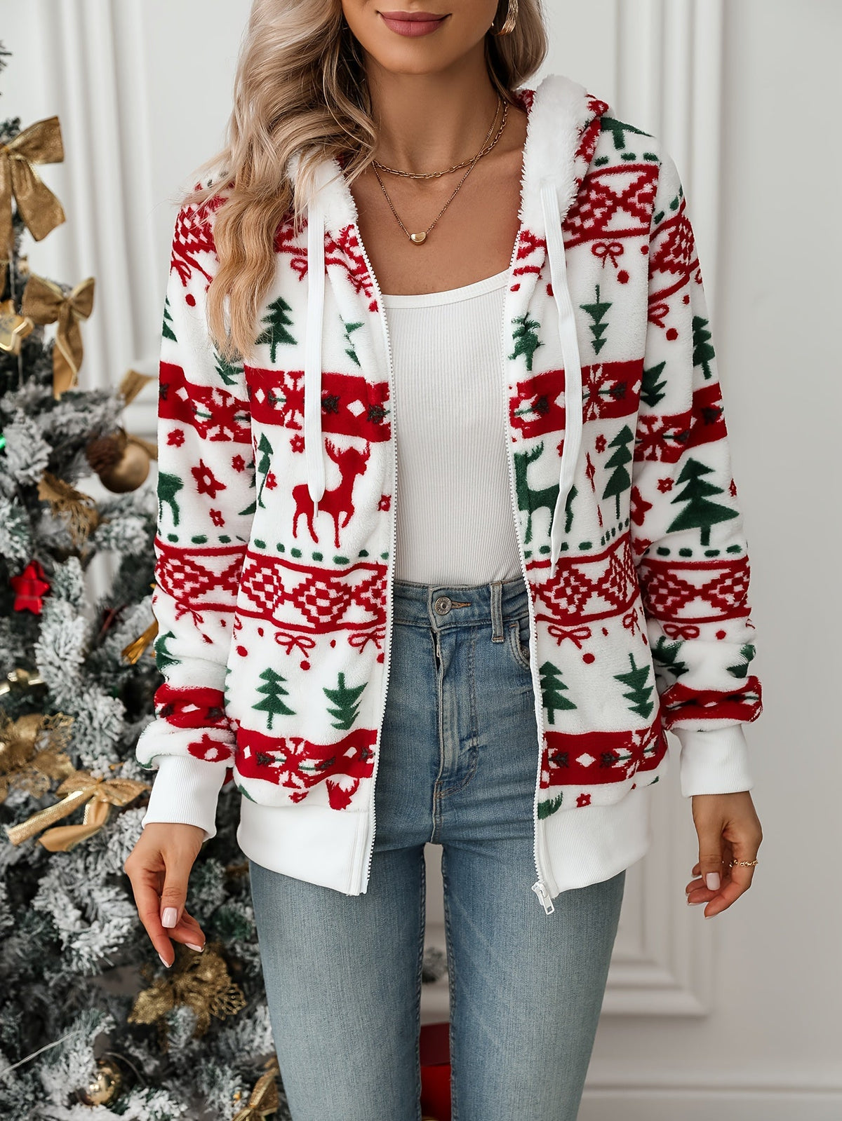 Penanne | Hooded Zip Christmas Cardigan Plush