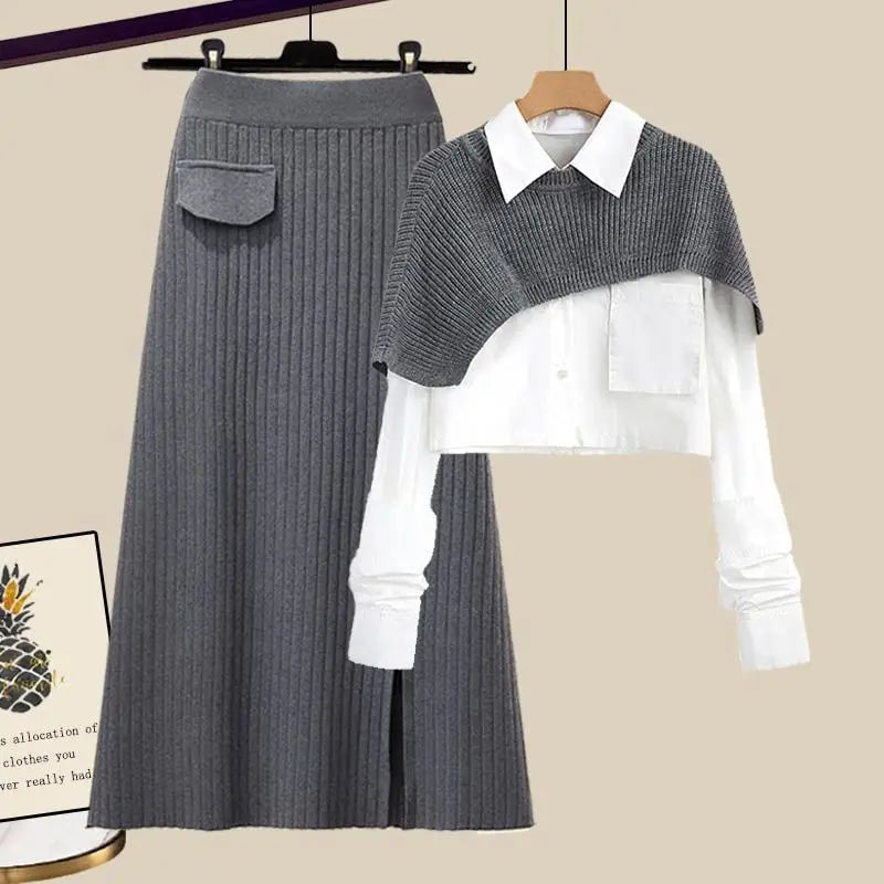 Penenne | Shirt, Knit Wrap and Ribbed Maxi Skirt Set