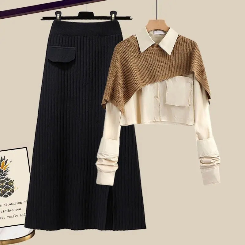 Penenne | Shirt, Knit Wrap and Ribbed Maxi Skirt Set