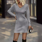 Penine | Cable Knit V-Neck Sweater Dress
