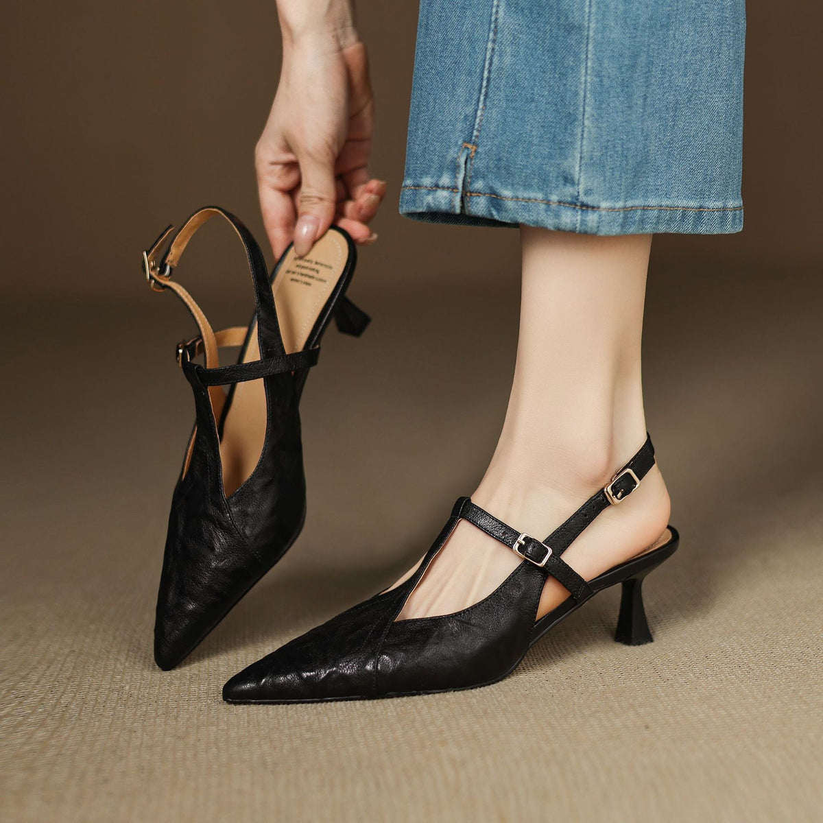 Rheina | Pointed Leather Heels with T-Bar Slingback