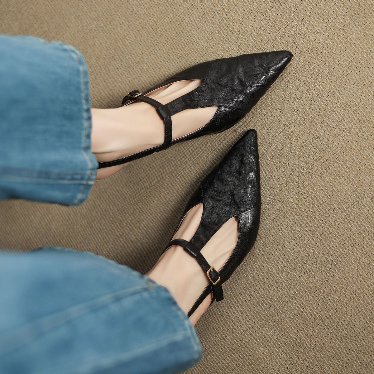 Rheina | Pointed Leather Heels with T-Bar Slingback