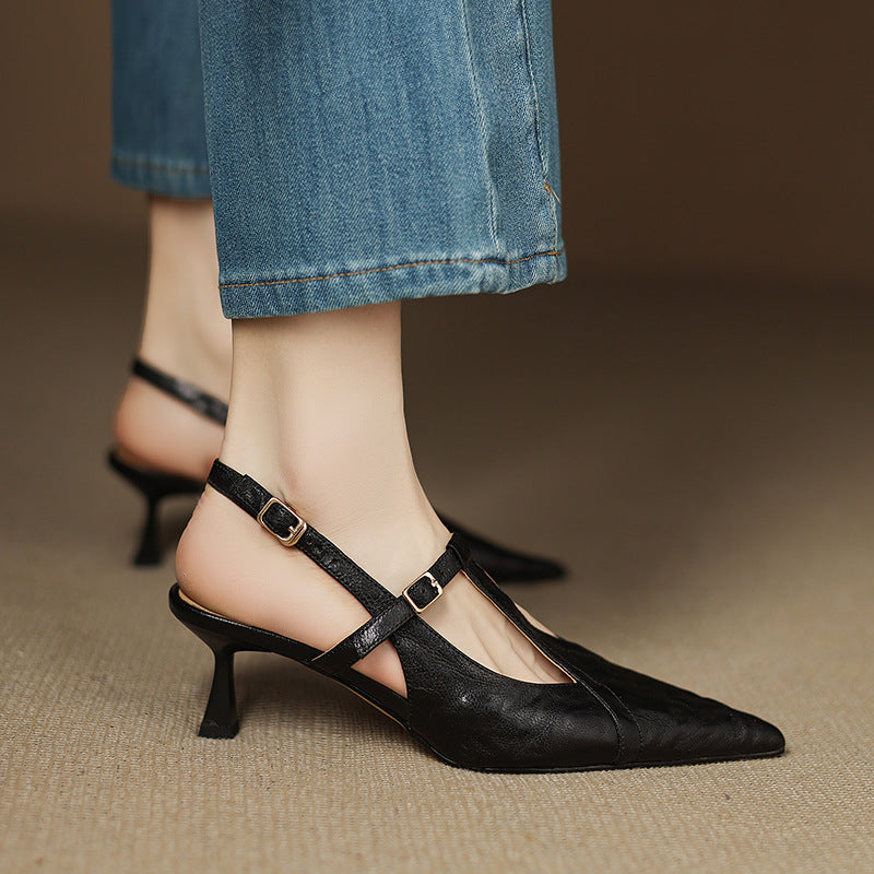 Rheina | Pointed Leather Heels with T-Bar Slingback