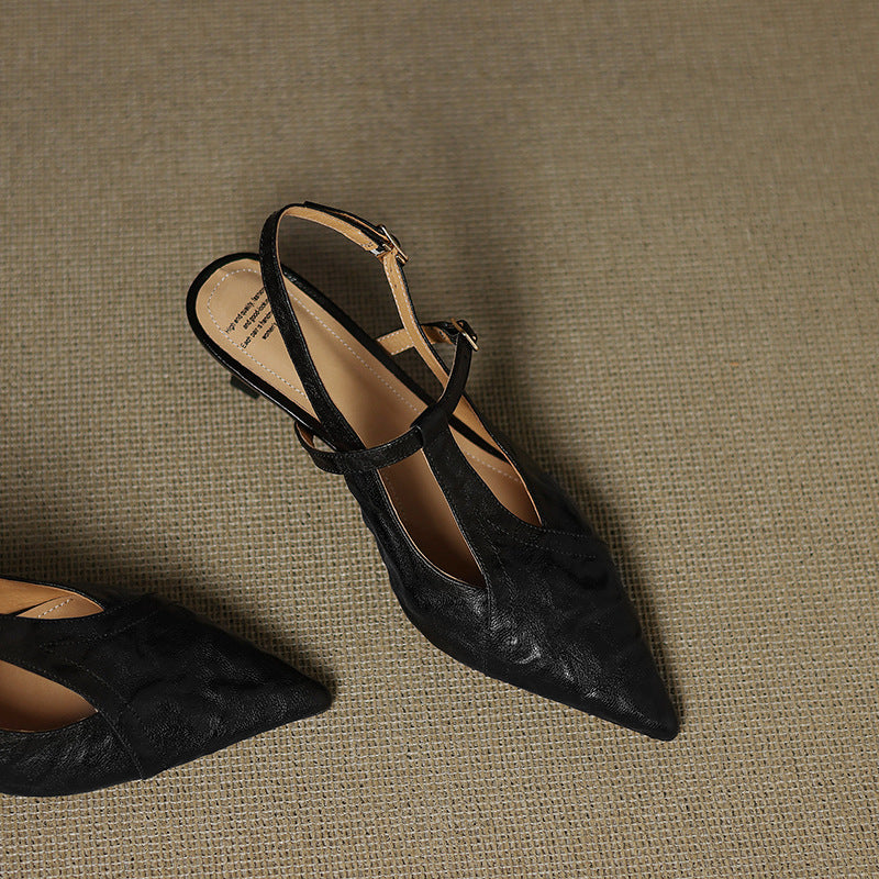 Rheina | Pointed Leather Heels with T-Bar Slingback