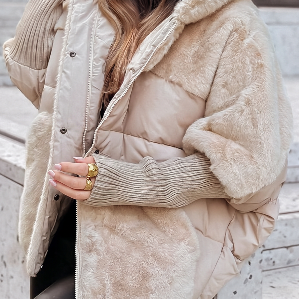 Rheisse | Faux Fur Hooded Coat with Quilted Panels