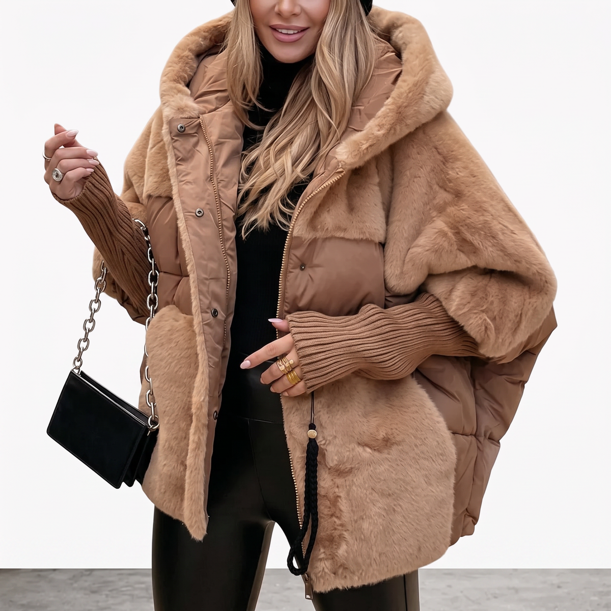 Rheisse | Faux Fur Hooded Coat with Quilted Panels