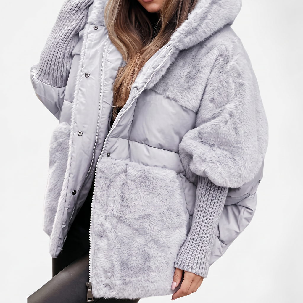 Rheisse | Faux Fur Hooded Coat with Quilted Panels