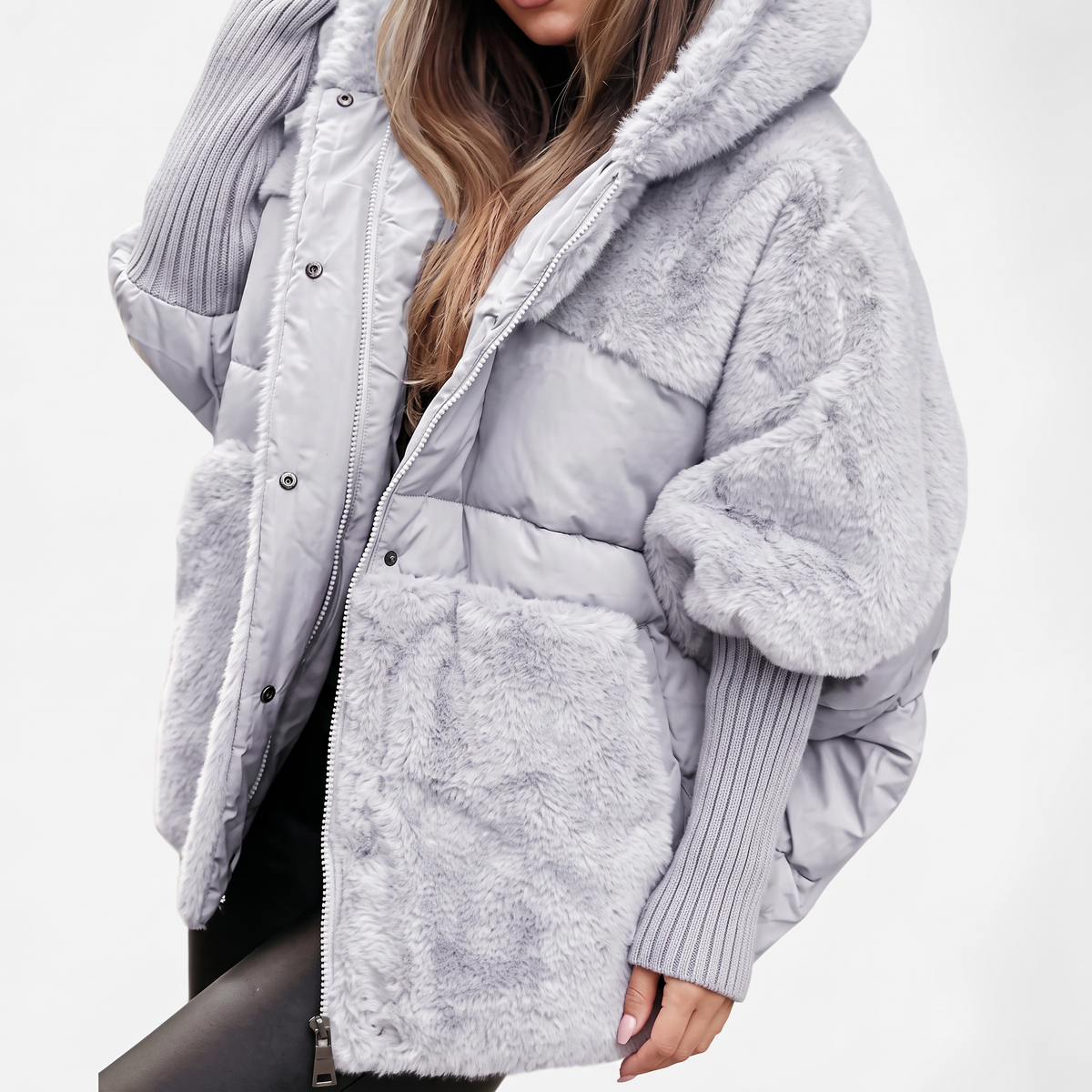Rheisse | Faux Fur Hooded Coat with Quilted Panels