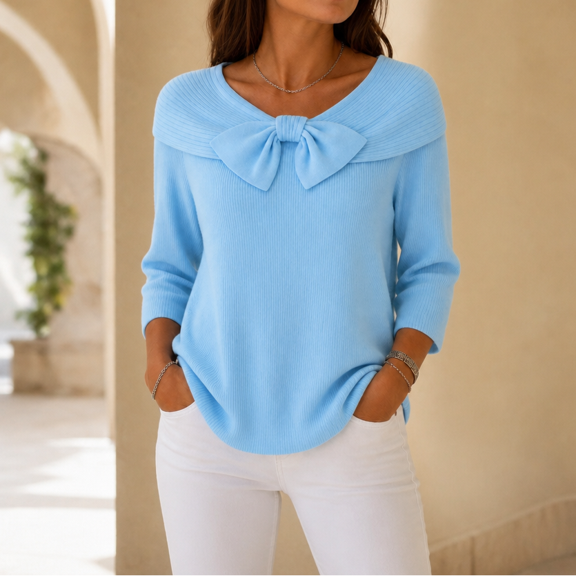 Rhenne | Bow Neck Ribbed Knit Sweater