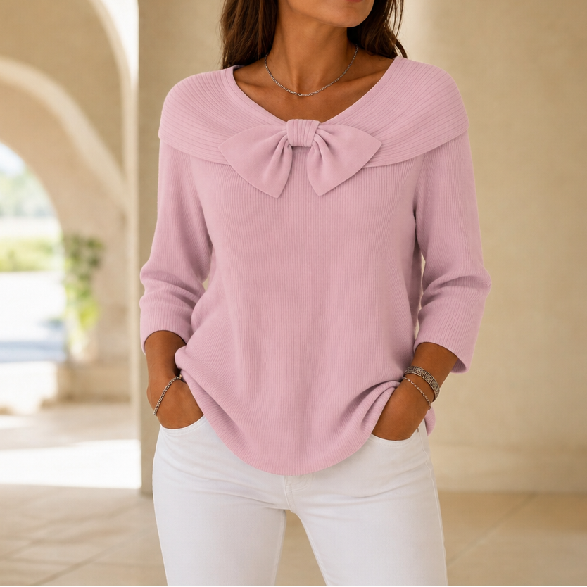 Rhenne | Bow Neck Ribbed Knit Sweater