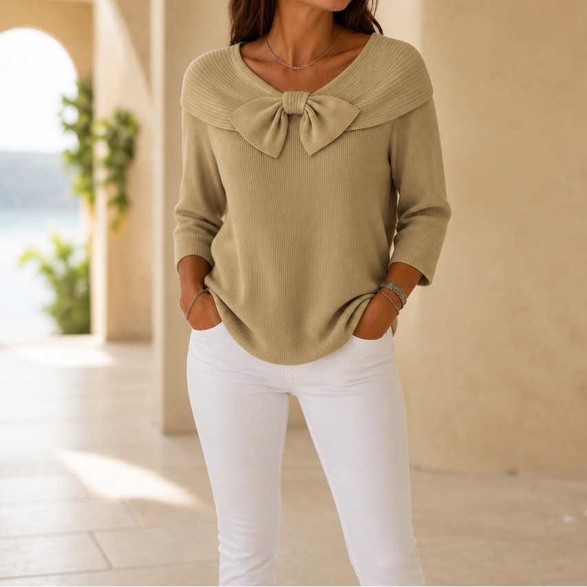 Rhenne | Bow Neck Ribbed Knit Sweater