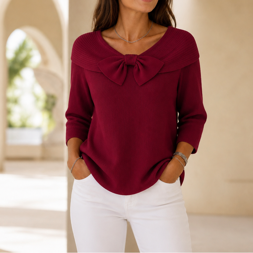 Rhenne | Bow Neck Ribbed Knit Sweater