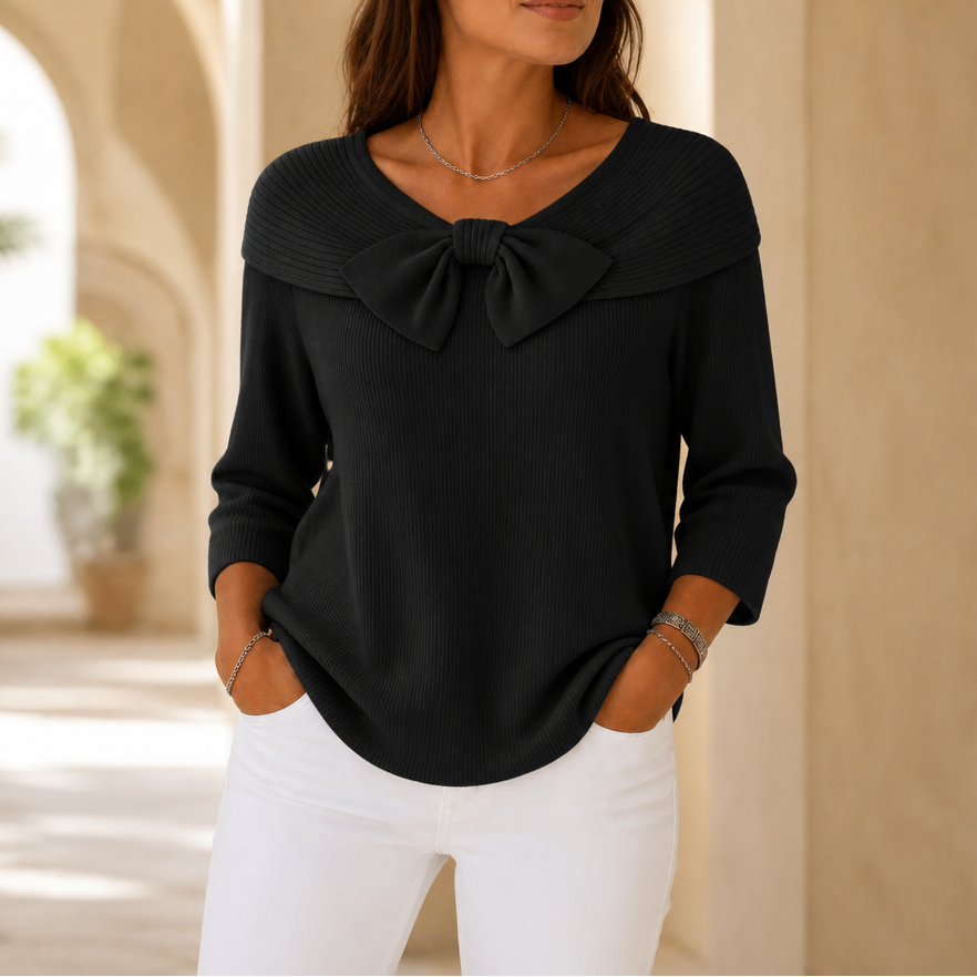 Rhenne | Bow Neck Ribbed Knit Sweater
