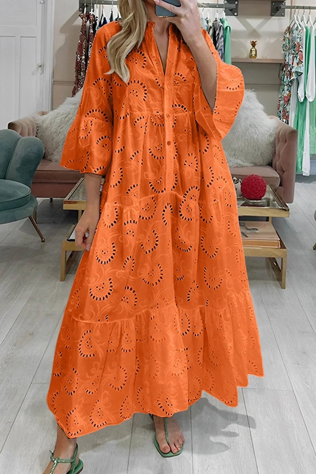 Isabelle™ | Long Dress with Cutout Embroidery & 3/4 Sleeves
