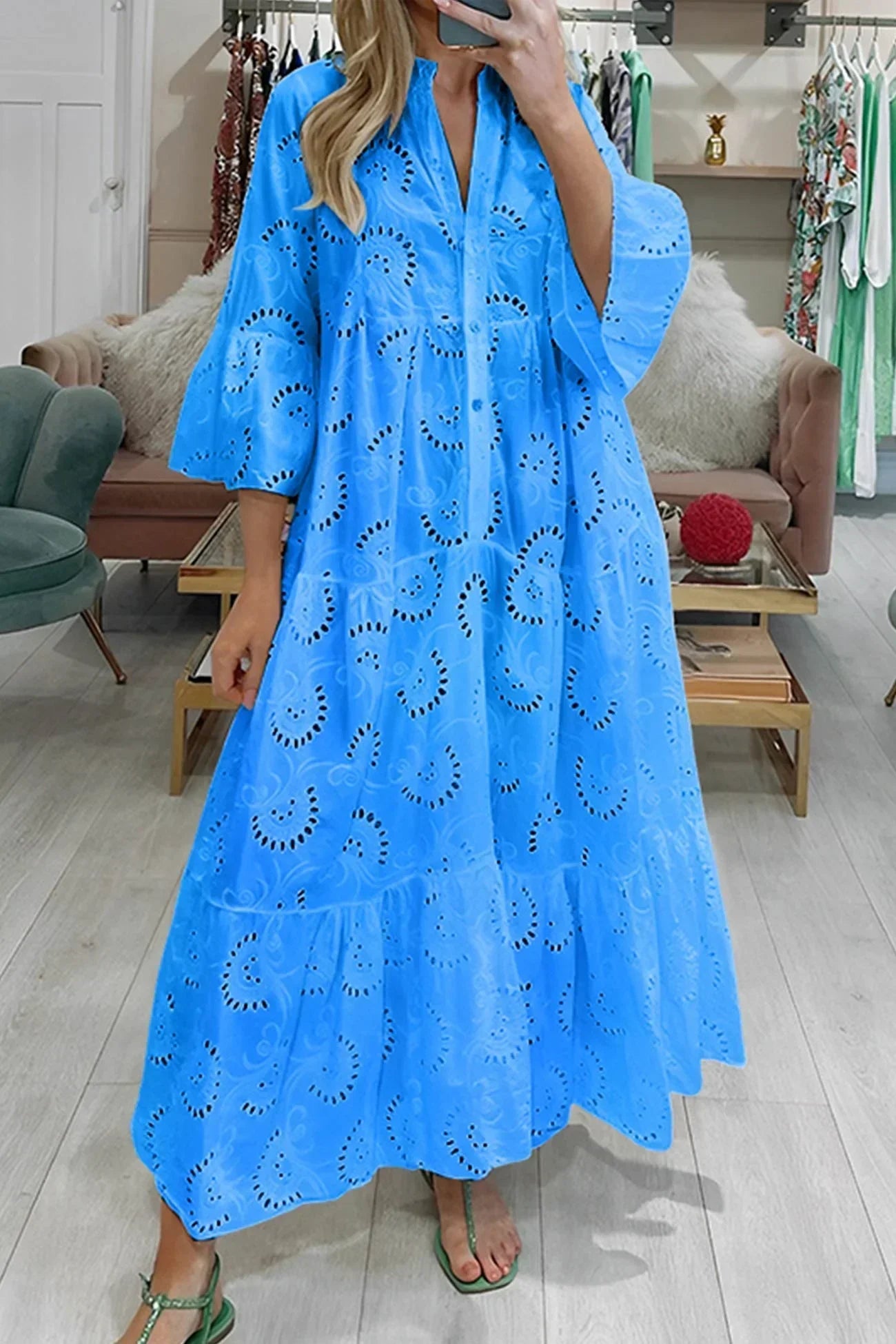 Isabelle™ | Long Dress with Cutout Embroidery & 3/4 Sleeves