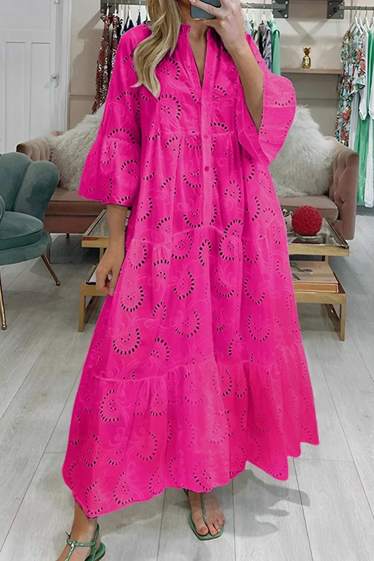 Isabelle™ | Long Dress with Cutout Embroidery & 3/4 Sleeves