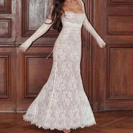 Rosina | Lace Mermaid Maxi Dress with Sheer Sleeves