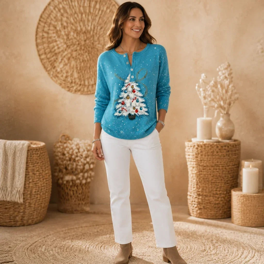 Sabette | Christmas Tree Henley Knit Sweater