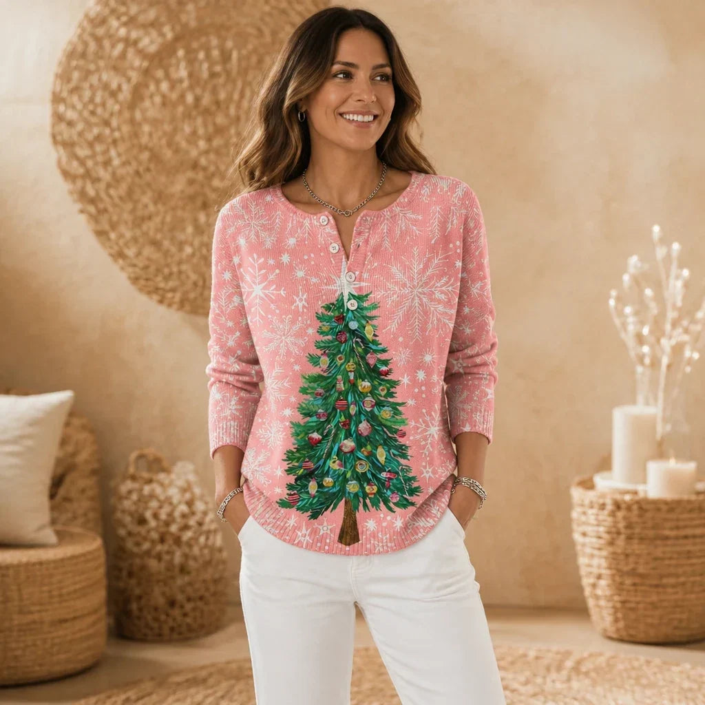 Sabette | Christmas Tree Henley Knit Sweater