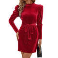 Selenne | Red Velvet Puff Sleeve Mock Neck Mini Dress
