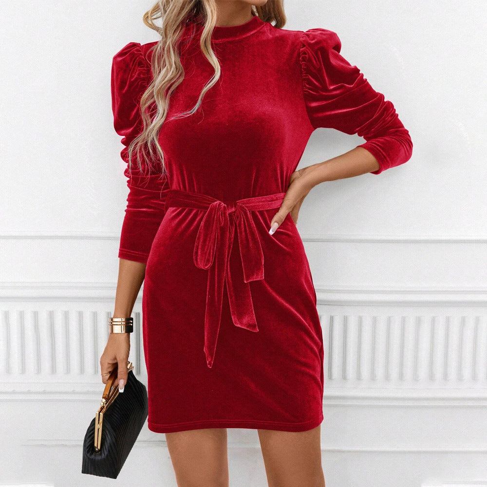 Selenne | Red Velvet Puff Sleeve Mock Neck Mini Dress
