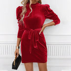 Selenne | Red Velvet Puff Sleeve Mock Neck Mini Dress