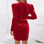 Selenne | Red Velvet Puff Sleeve Mock Neck Mini Dress