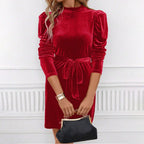 Selenne | Red Velvet Puff Sleeve Mock Neck Mini Dress