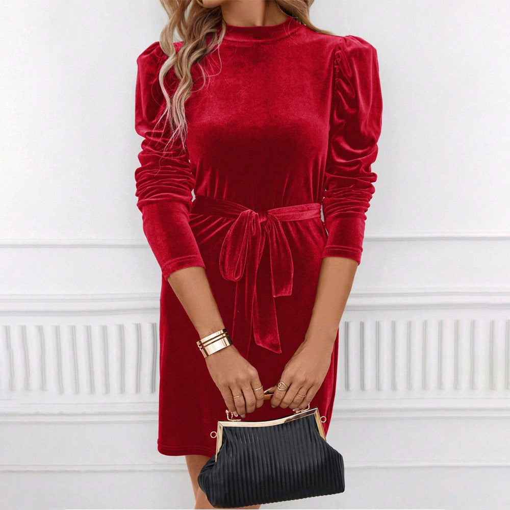 Selenne | Red Velvet Puff Sleeve Mock Neck Mini Dress