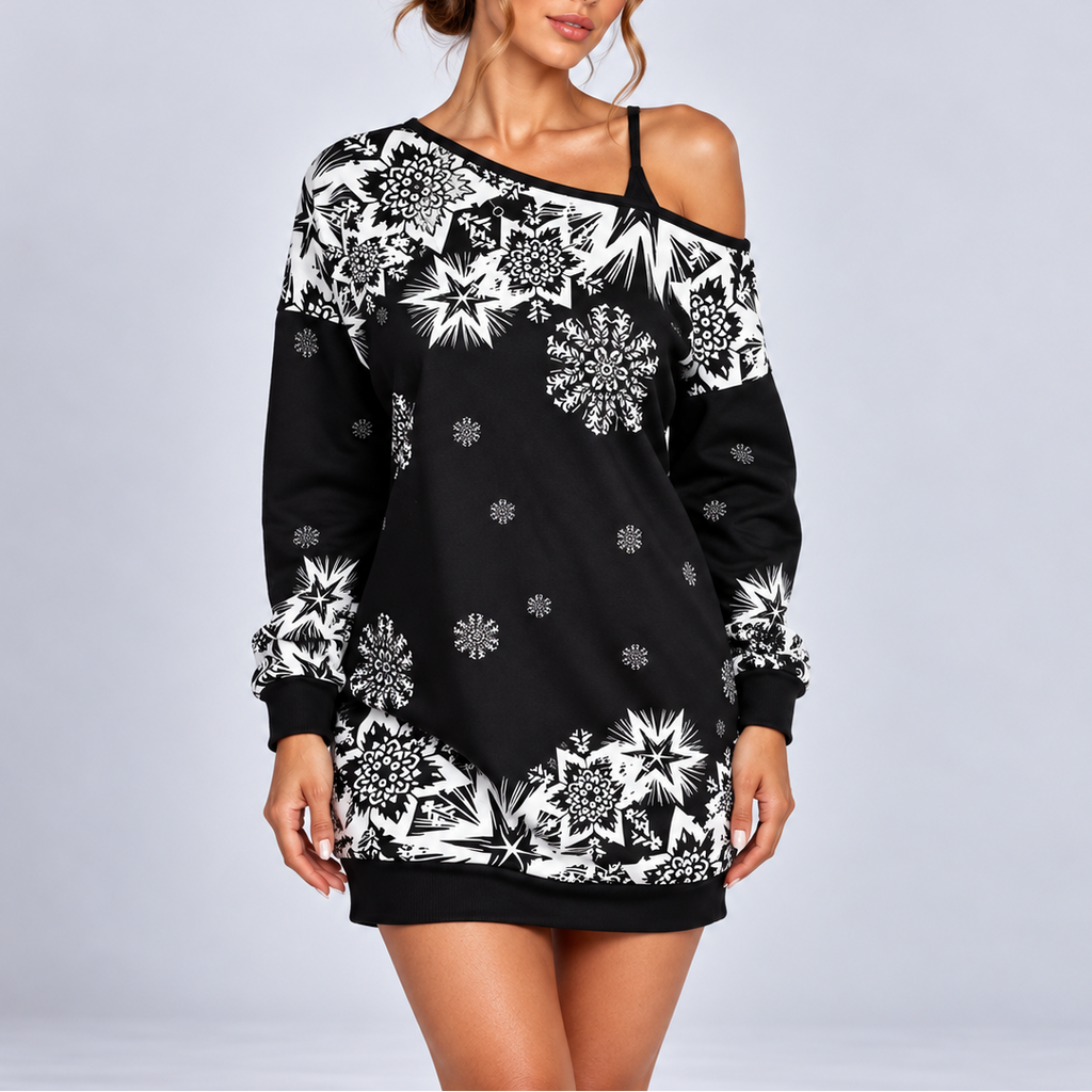 Selisse | Off Shoulder Snowflake Christmas Sweater Dress