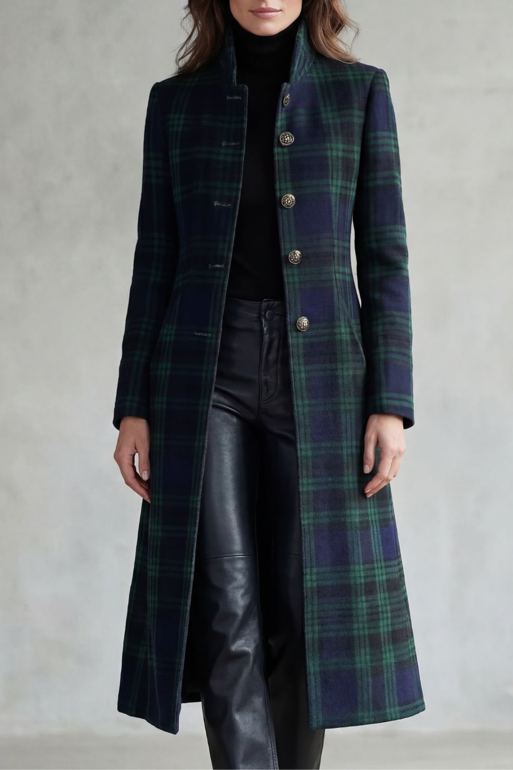 Theaine | Tartan Wool Blend Long Coat Stand Collar