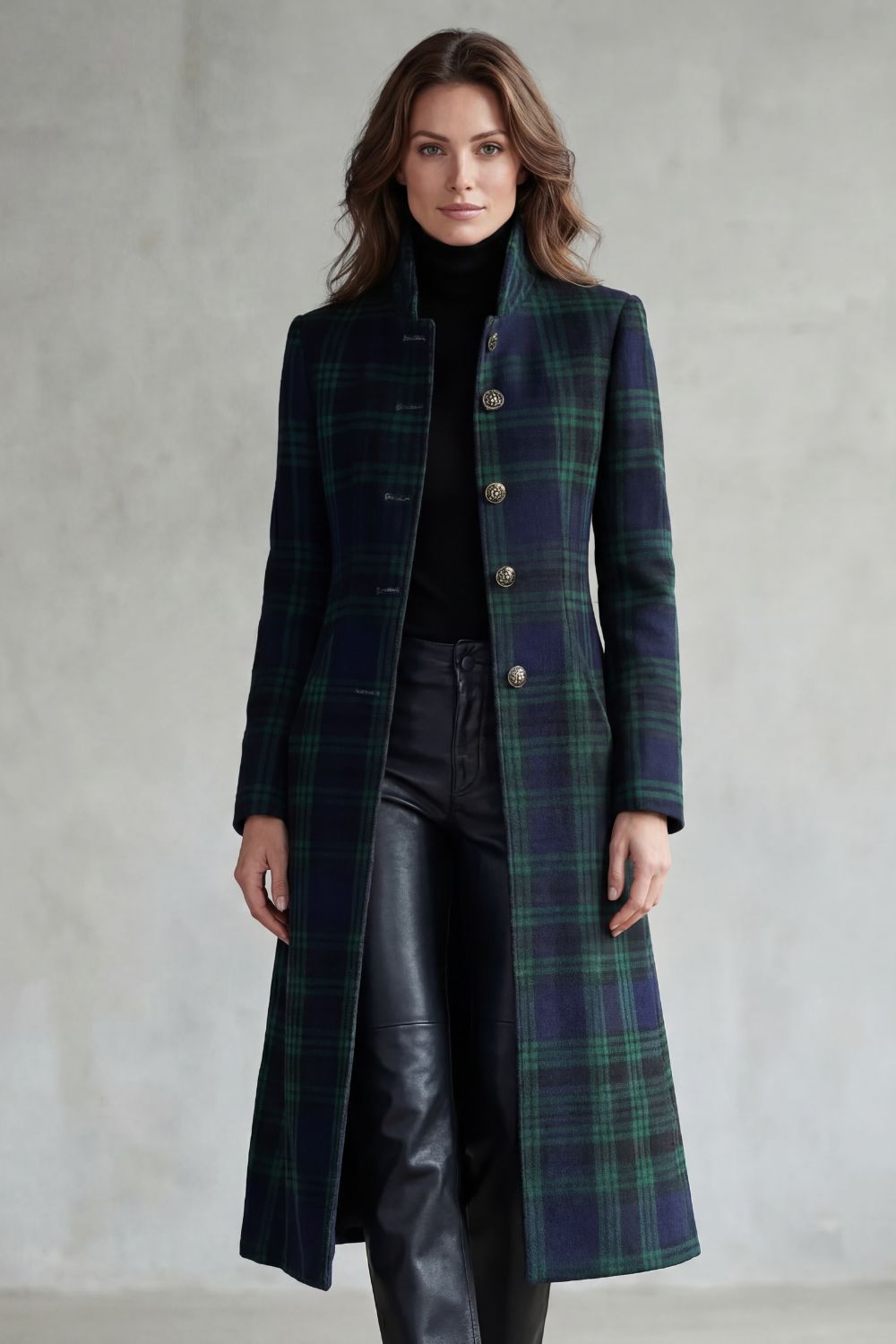 Theaine | Tartan Wool Blend Long Coat Stand Collar